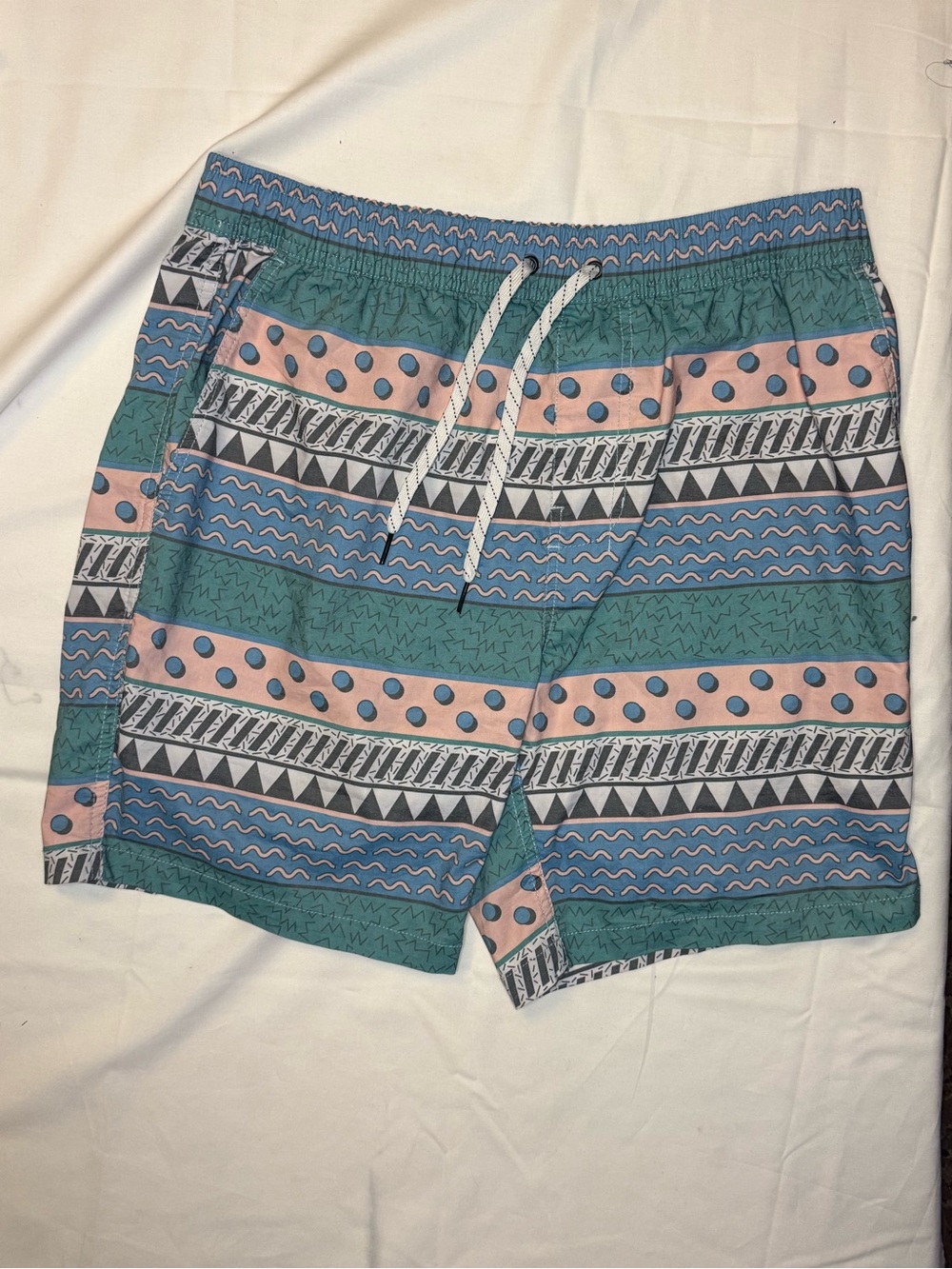 Men's Patterned Teal & Pink Swim Trunks with Drawstring